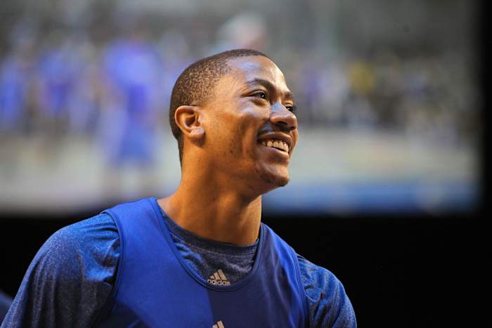 Eastern Conference guard Derrick Rose (1) of the Chicago Bulls reacts during the 2012 NBA All-star team practice session at the Orange County Convention Center in Orlando. 